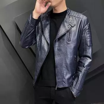 Новая повседневная мотоциклетная ветровка на молнии с воротником-стойкой, куртка из искусственной кожи, мужская тонкая модная мужская куртка высокого качества, уличная одежда M