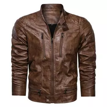 Новая повседневная мужская кожаная куртка из искусственной кожи, без глажки, модная городская кожаная куртка с воротником-стойкой для мужчин L коричневый
