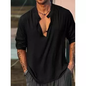 Новая повседневная мужская полуоткрытая рубашка, простая многоцветная рубашка из хлопка и льна, круглый вырез, модный рукав, рубашка с длинными рукавами M чёрный