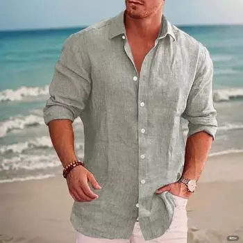 Новая повседневная однотонная рубашка с длинным рукавом из хлопка с пряжкой на лацкане, с длинным рукавом, пляжная рубашка S белый