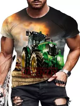 Новая повседневная рубашка с короткими рукавами в стиле ретро с принтом трактора, эластичная, дышащая, быстросохнущая, для мужчин, летние топы для активного отдыха S чёрный