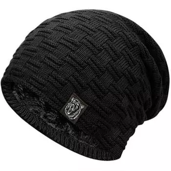 Новая повседневная шапка-бини унисекс с добавлением меха, теплая зимняя шапка для мужчин и женщин, вязаная шапка для лыжного спорта на открытом воздухе 54cm-62cm чёрный