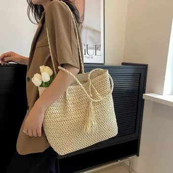 Новая повседневная соломенная сумка ручной работы, переносная сумка через плечо, женская праздничная пляжная плетеная сумка большой емкости