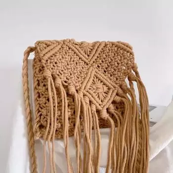 Новая повседневная сумка ручной работы с бахромой и плетением крючком, женская вязаная сумка с кисточками, женская пляжная сумка через плечо в стиле бохо 19x19cm бежевый