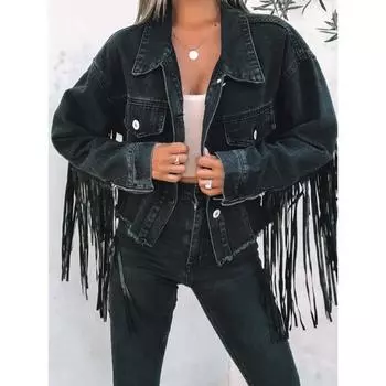 Новая повседневная свободная джинсовая куртка с перекрестными кисточками для женщин на осень и зиму S чёрный