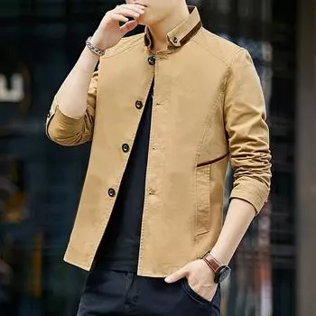 Новая повседневная свободная куртка мужская весна-осень с воротником-стойкой, мужское пальто-тренч из чистого хлопка, выстиранная куртка M чёрный