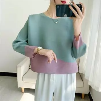 Новая повседневная универсальная тонкая женская футболка контрастного цвета, короткий, тонкий и свободный плиссированный топ на весну. M зелёный