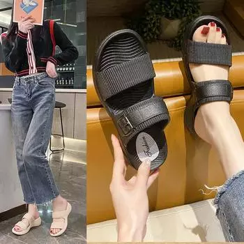 Новая повседневная верхняя одежда одно слово перетащить женская летняя мода толстый низ наклонный каблук дома одно слово с крутыми тапочками производитель 36 чёрный