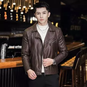 Новая приталенная короткая кожаная куртка, мужская осенне-зимняя кожаная куртка, мужское трендовое повседневное и красивое воротник-стойка M