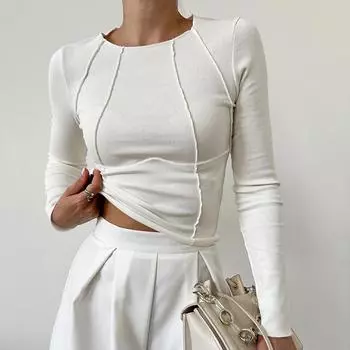 Новая приталенная женская базовая рубашка, однотонный пуловер с разрезом на груди и длинными рукавами, короткая футболка с круглым вырезом для женщин S