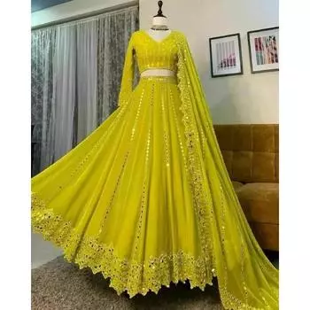 Новая привлекательная и сильно вышитая лехенга с блузкой и дупаттой. (чоли)(ЖЕЛТЫЙ) FREE жёлтый