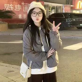 Новая призматическая клетчатая хлопковая утепленная женская одежда свободная студенческая нишевая куртка свободного размера хлопковая одежда S бежевый