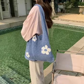 Новая простая ретро-сумка на плечо для женщин, модная полая сумка-тоут со сладким цветком синий