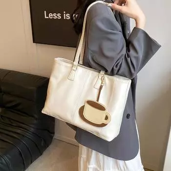 Новая ПУ сумка большой емкости женская модная сумка на плечо с рисунком кофейной чашки городской белый воротничок для поездок на работу и обратно бизнес