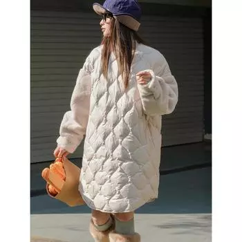 Новая японская флисовая куртка-пуховик 90% утиный пух свободная удобная теплая средняя и длинная куртка женская S хаки