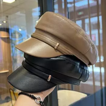 Новая японская ретро-шляпа из искусственной кожи восьмиугольной формы для детей, весна-осень, литературный темперамент, универсальная, с плоским верхом, маленькая шляпа Haijun (56-58Cm) adjustable чёрный