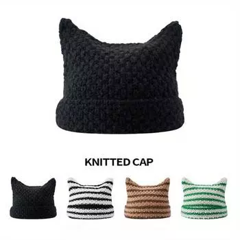 Новая японская уличная шапка в стиле Харадзюку, полосатая вязаная шапка «Маленький дьявол», женская и мужская осенне-зимняя милая шапка с кошачьими ушками, остроконечная шерстяная шапка чёрный
