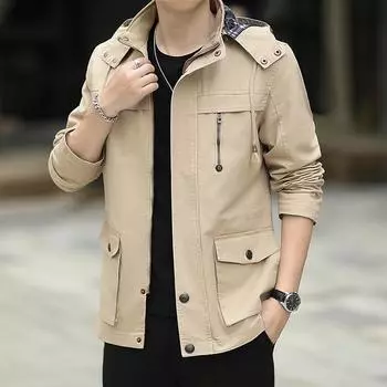 Новая рабочая куртка для молодых мужчин на весну и осень. Куртка-ветровка средней длины из чистого хлопка с капюшоном и несколькими карманами. M