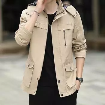 Новая рабочая куртка для мужчин, молодежная осенняя куртка-ветровка из чистого хлопка с капюшоном и несколькими карманами средней длины M