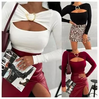 Новая ранняя осень Простой стиль Однотонный тонкий сексуальный длинный рукав модная горячая девушка Продвинутая женская одежда S чёрный