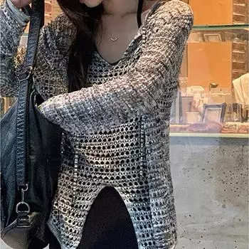 Новая распродажа модный трикотажный сетчатый пуловер женский летний осенний повседневный женский элегантный ажурный серый топ женский дешевый опт One Size