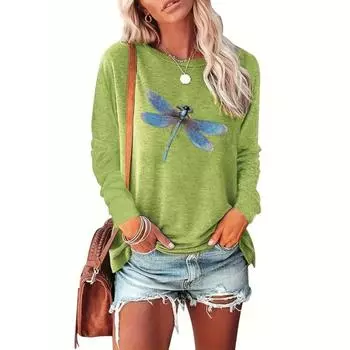 Новая разноцветная женская футболка с принтом стрекозы, укороченный топ с длинным рукавом, женская графическая блузка, женская одежда больших размеров, рубашки S