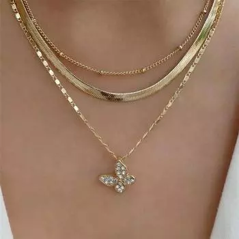 Новая ретро-кольцевая цепочка с бриллиантами и бабочкой, женская цепочка на ключицу, творческая личность, цепочка из змеиной кости, сложенная в трехслойном ожерелье золотой