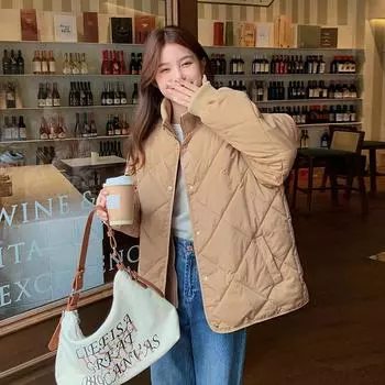 Новая ромбовидная сетка из хлопка, женская свободная студенческая куртка, поддельная двухкомпонентная одежда с хлопковой подкладкой S белый