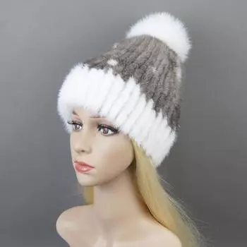 Новая роскошная женская шапка из натурального норкового меха с помпонами из лисьего меха, толстая теплая шапка из натурального норкового меха, женская зимняя вязаная шапка из натурального норкового меха, шапки Good elastic чёрный