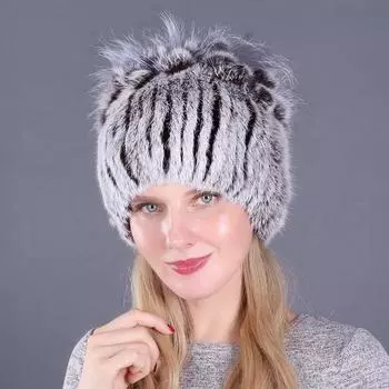 Новая Россия женские шапки из меха кролика вязаные полосатые женские шапки из меха кролика зимние теплые шапки с цветами 1