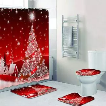 Новая Рождественская елка, 3D печать, занавеска для душа, полиэстер, водонепроницаемый красный колокольчик, напольный коврик, туалетный набор, аксессуары для ванной, защита от плесени Only curtain90x180