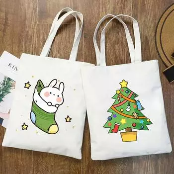 Новая рождественская елка и рождественские чулки с кавайным принтом, сумки в стиле Харадзюку, сумки на плечо, повседневная сумка для покупок, женская холщовая сумка