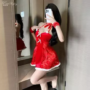 Новая рождественская кружевная ночная рубашка, сексуальная, милая, бархатная ночная рубашка с бантом на шее, юбка чистого желания one size fits all