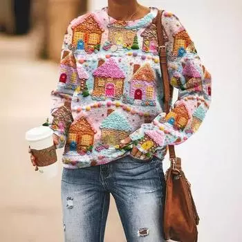 Новая рождественская осенне-зимняя толстовка с круглым вырезом с принтом для женщин S