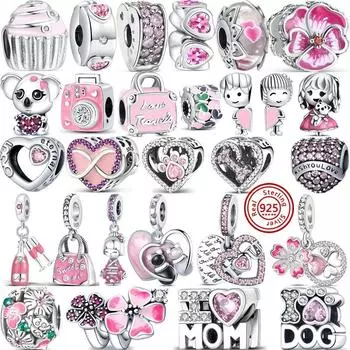 Новая розовая серия, бусины с принтом лапы и бабочки в форме сердца, мама навсегда любовь, подходят оригинальные подвески, ювелирные изделия из серебра 925 пробы