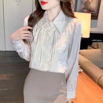 Новая рубашка на пуговицах в китайском национальном стиле, весна-осень 2024, новая женская блузка с длинными рукавами в стиле ретро S белый