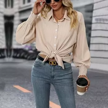 Новая рубашка поло с длинными рукавами и однотонным воротником для пригородных поездок, модная простая официальная рубашка для офиса для женщин S абрикосовый