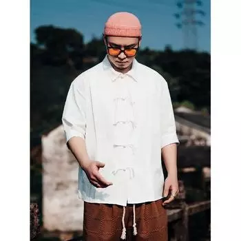 Новая рубашка с длинными рукавами в китайском стиле с застежкой на пуговицы для мужчин, весенние и осенние модели, свободная рубашка в стиле Тан, высококачественный даосский халат ханьфу M белый
