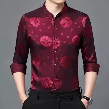 Новая рубашка с воротником-стойкой, мужская, с длинным рукавом, для людей среднего и пожилого возраста, повседневная, с тонким воротником-стойкой, в стиле ретро Tangzhuang M