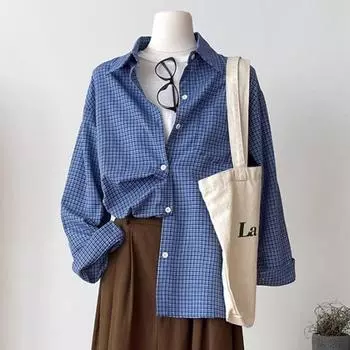 Новая рубашка в американском стиле с длинными рукавами в стиле ретро в синей клетчатой рубашке, свободные летние рубашки, топы, блузки, пальто для женщин в уличном стиле L синий