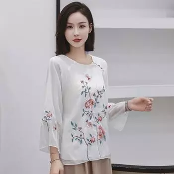 Новая рубашка в китайском стиле с цветочной вышивкой, имитация шелковой рубашки с круглым вырезом M белый
