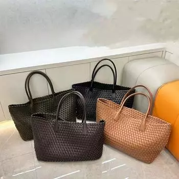 Новая ручная одноплечевая кожаная плетеная женская сумка-тоут, большая вместительная повседневная плетеная сумка для овощей 54x26x17cm бездна