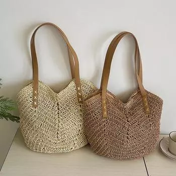 Новая ручная плетеная сумка Модная сумка на одно плечо Соломенная плетеная сумка Бумажная веревочная пляжная сумка для отпуска Сумка через плечо Рюкзак-тоут