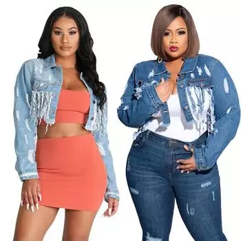Новая рваная стираная кисточка на спине с открытой пупком сексуальная короткая джинсовая куртка S