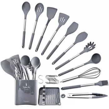 Новая серая кухонная посуда, силиконовая посуда, кухонные принадлежности с антипригарным покрытием, лопаточка, ковш, венчики для яиц, лопатка, ложка, набор посуды для супа 4pcs хаки