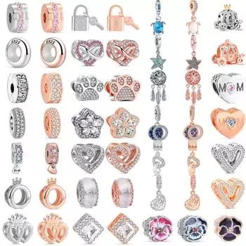 Новая серебряная серия из розового золота, каретка, Корона, принт в виде лапы, сердце, блестящая бусина, подходит для оригинального браслета-подвески, DIY S925, серебряные украшения
