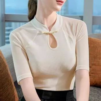 Новая сетчатая футболка в китайском стиле с рукавами-пятью точками для женщин на лето, новая рубашка на пуговицах, черный тонкий топ с воротником-стойкой S