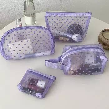 Новая сетчатая косметичка с сердечками, мини-косметичка, прозрачные наборы туалетных принадлежностей, портативная дорожная сумка для хранения помады