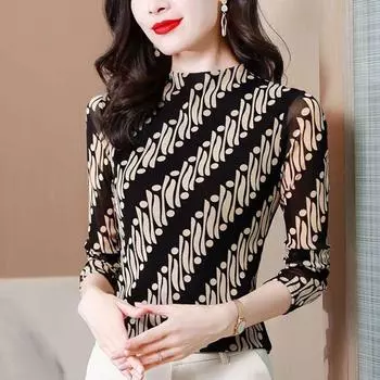 Новая сетчатая нижняя рубашка с половиной высокого воротника, женская весенне-осенняя футболка с длинными рукавами, верхняя одежда для мам 4XL S чёрный