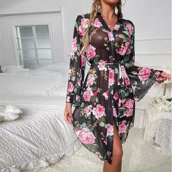 Новая сетчатая пижама женская с принтом легкая роскошная ночная рубашка с длинными рукавами халат женская S